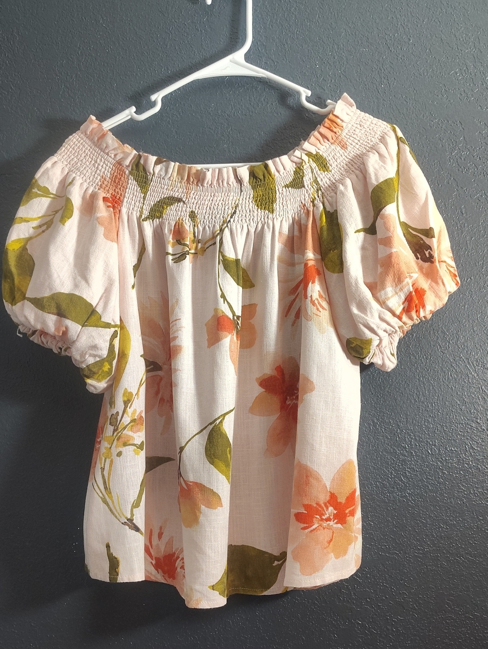 CeCe  Boho Peach Floral Off-Shoulder Puff Bubble Sleeve Linen Mix Top